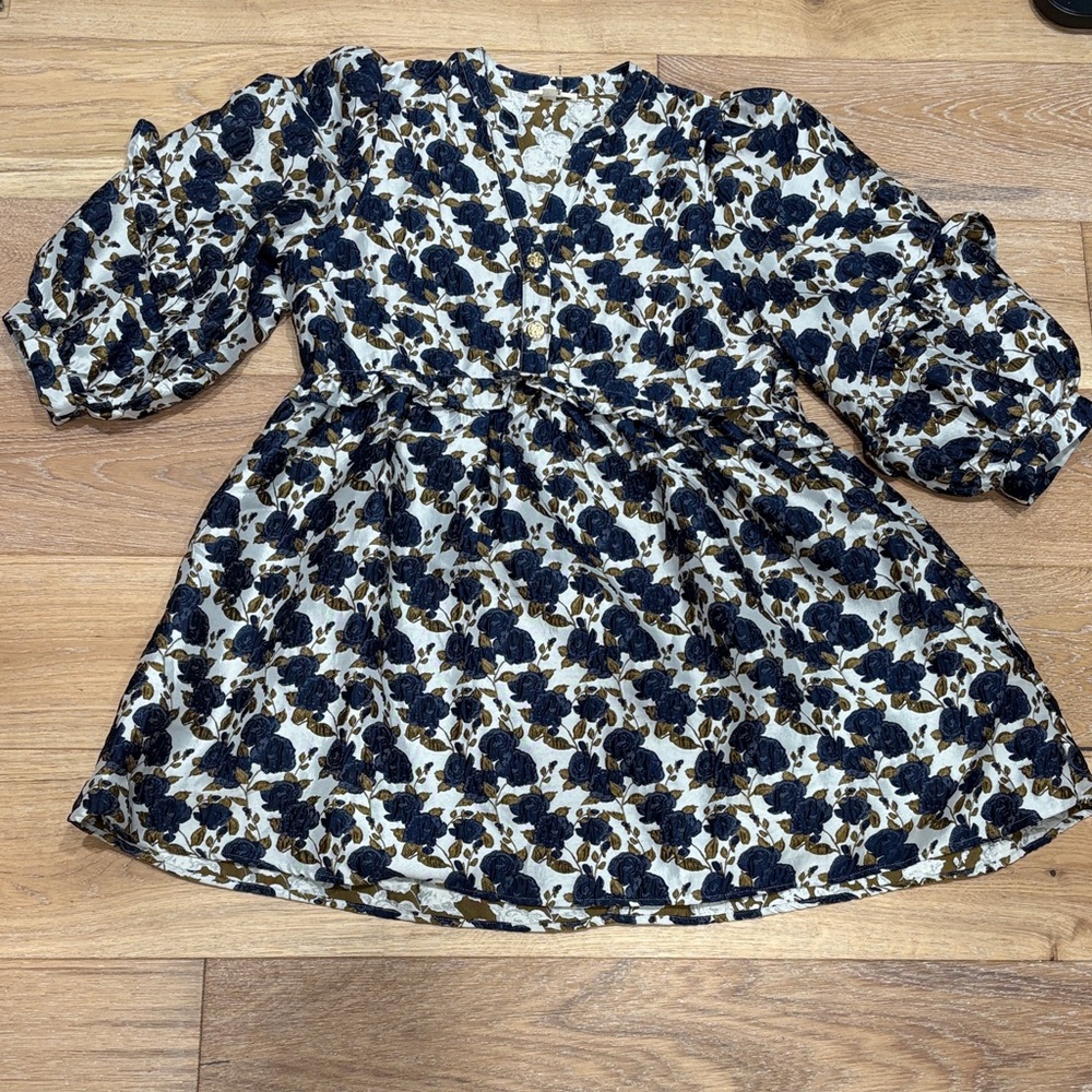 Navy Puff Sleeve Floral Dress